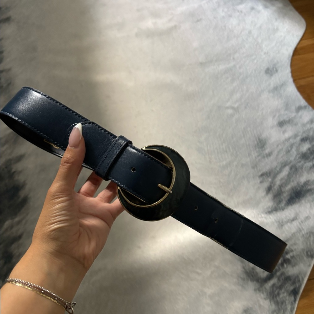 Worthington Navy Leather Belt with Round Gold-Tone Buckle